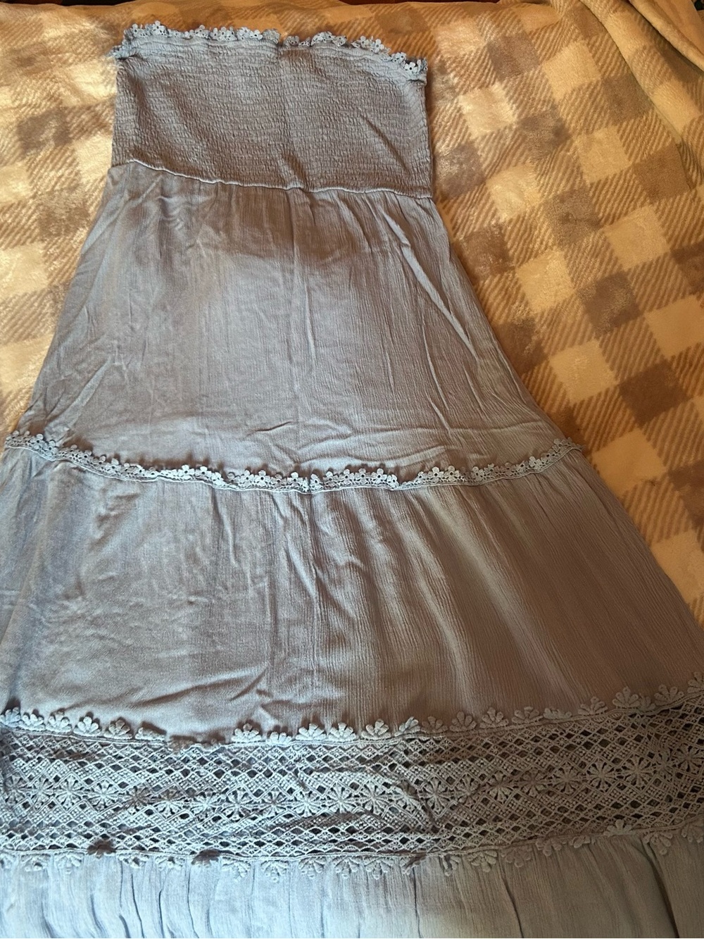 Simplee Lavender Smocked Strapless Maxi Dress with Crochet Trim